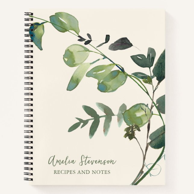 Stylish Autumn Botanical Greenery Name Recipe Notebook (Front)