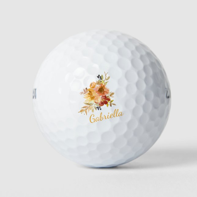 Stylish Autumn Fall Watercolor Floral Personalised Golf Balls (Front)