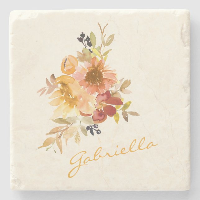 Stylish Autumn Fall Watercolor Floral Personalised Stone Coaster (Front)