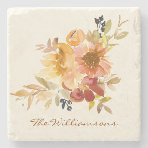 Stylish Autumn Fall Watercolor Floral Personalized Stone Coaster