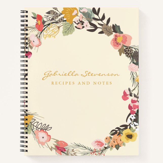 Stylish Autumn Floral Wreath with Name Recipe Notebook (Front)