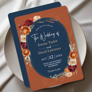Stylish autumn orange navy floral wedding  invitation