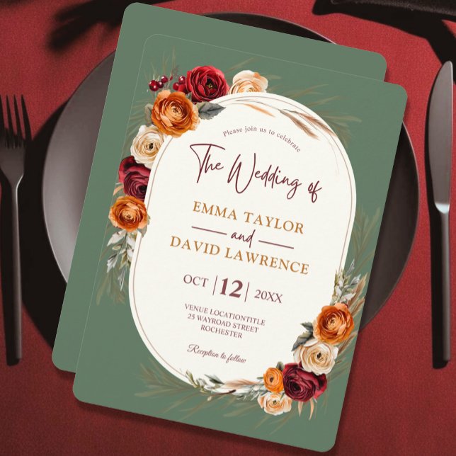 Stylish autumn orange sage floral wedding invitation (Creator Uploaded)