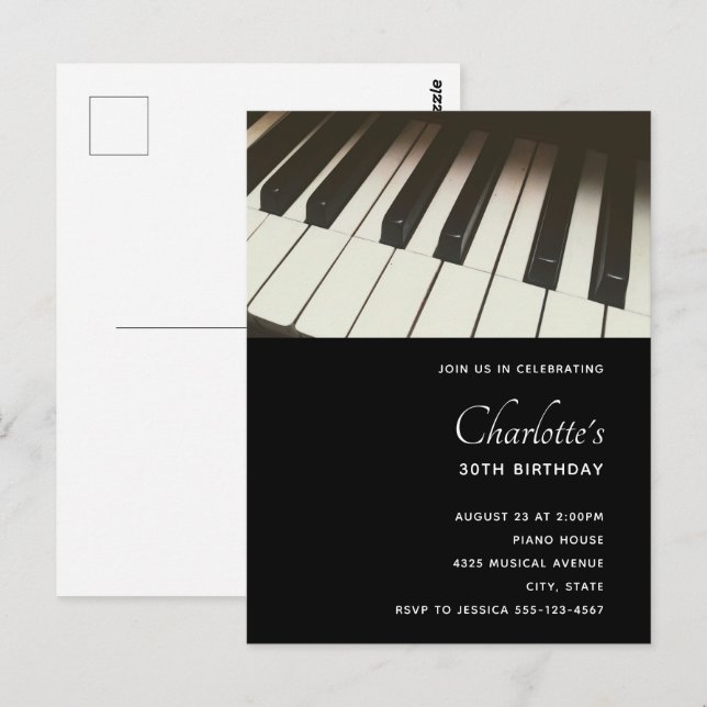 Stylish B&W Piano Keys Photo - Birthday Invitation Postcard (Front/Back)