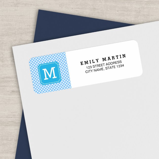Stylish Baby Blue Gingham Monogram Address Label (Creator Uploaded)