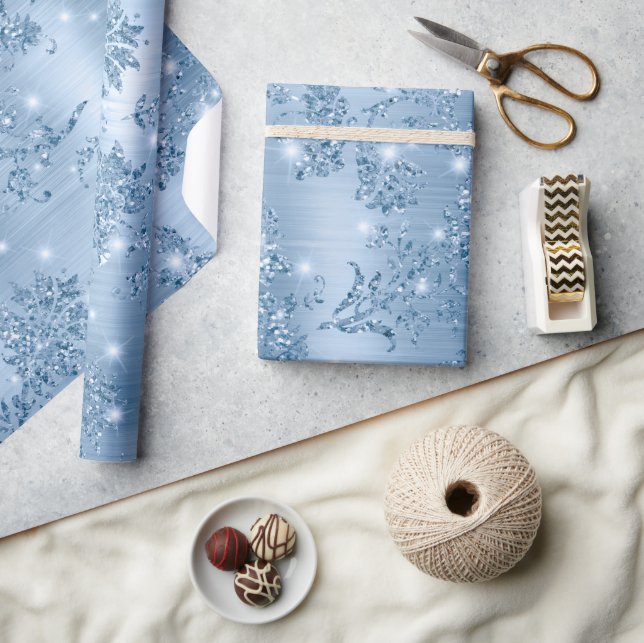 Stylish Baby Blue Glitter and Foil Floral Wrapping Paper (Crafts)
