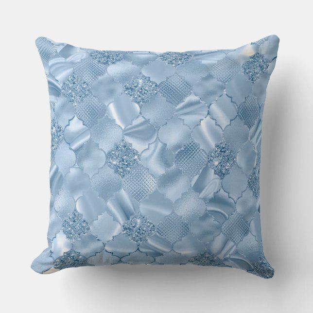 Stylish Baby Blue Glitter and Foil Quatrefoil Cushion (Front)
