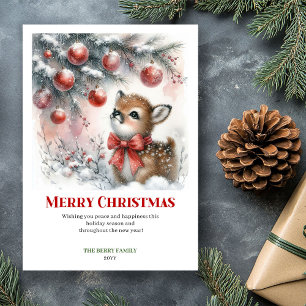 Stylish Baby Deer Snowy Forest Watercolor Christma Holiday Card