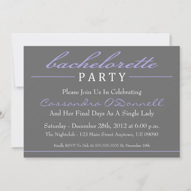 Stylish Bachelorette Party Invitations (Purple) (Front)