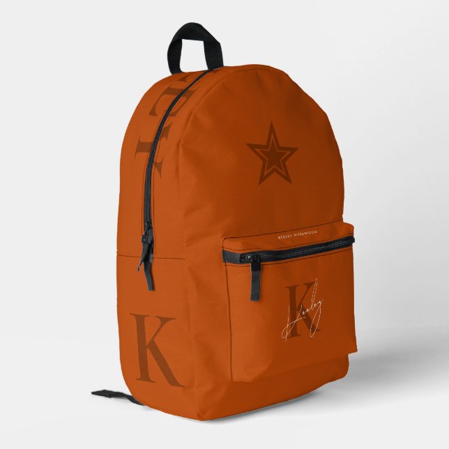 Stylish Back to School Orange Monogram Star Printed Backpack (Back Corner Left)