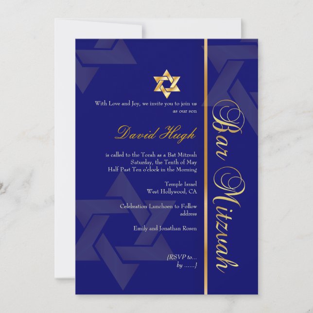 Stylish Bar Mitzvah/dark blue/gold Invitation (Front)