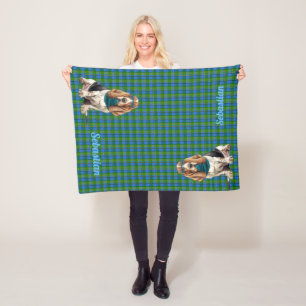 Stylish Basset Hound Dog and Blue Plaid with Name Fleece Blanket