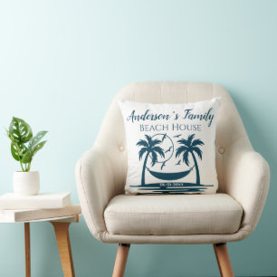Stylish Beach House Palm Tree Hammock Family Name Cushion