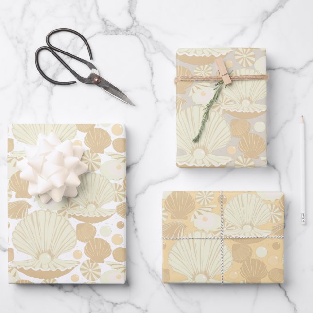 Stylish Beach Shell Pattern Beige and Cream Wrapping Paper Sheet (Front)