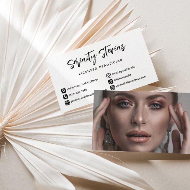 Stylish Beautician Black Social Media Icons Photo Business Card (Creator Uploaded)