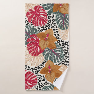 Stylish beautiful tropical forest print on leopard bath towel