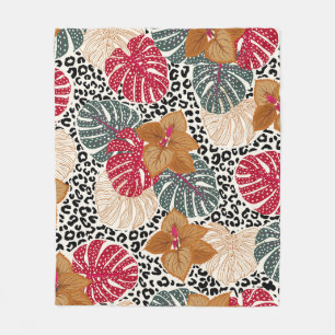 Stylish beautiful tropical forest print on leopard fleece blanket