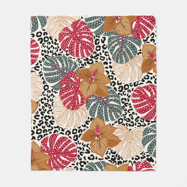 Stylish beautiful tropical forest print on leopard fleece blanket (Front)