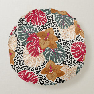 Stylish beautiful tropical forest print on leopard round cushion