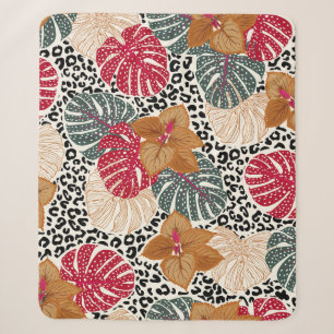 Stylish beautiful tropical forest print on leopard sherpa blanket