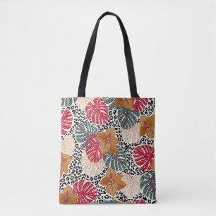 Stylish beautiful tropical forest print on leopard tote bag