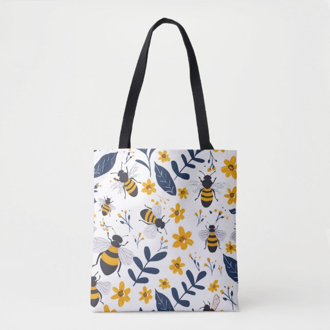 Stylish Bee and Floral Pattern Tote Bag (Front)