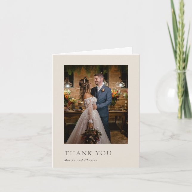 Stylish Beige Photo Modern Wedding Thank You Card (Front)