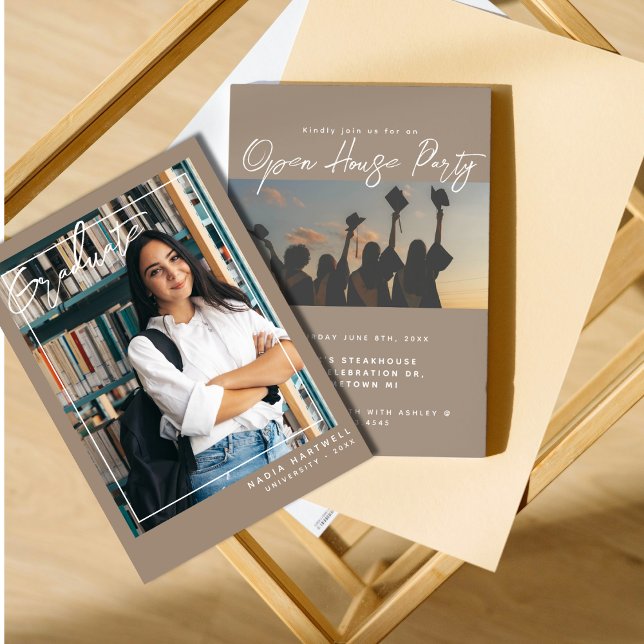 Stylish Beige | Two Photo Graduation Open House Invitation (Creator Uploaded)