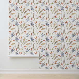 Stylish Berries, Seeds & Leaves Pattern Wallpaper