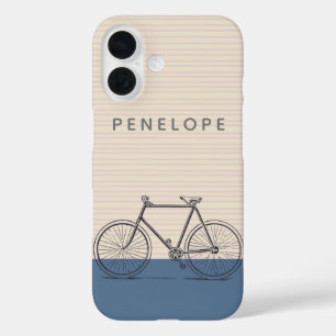 Stylish Bike Drawing Blush and Blue Personalised iPhone 16 Case