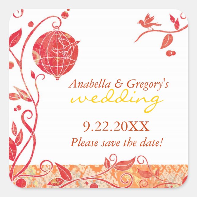 Stylish Bird Cage Wedding Save the Date Square Sticker (Front)