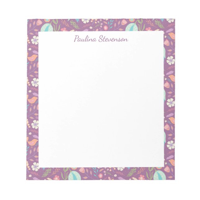 Stylish Birds Flowers Mauve Pattern Personalised Notepad (Front)