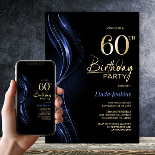 Stylish Black and Blue 60th Birthday Party Invitation