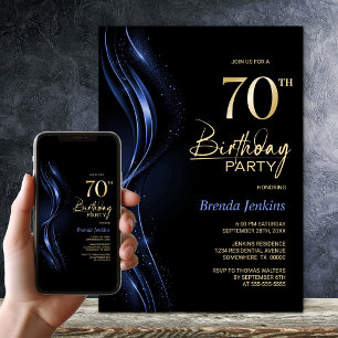 Stylish Black and Blue 70th Birthday Party Invitation