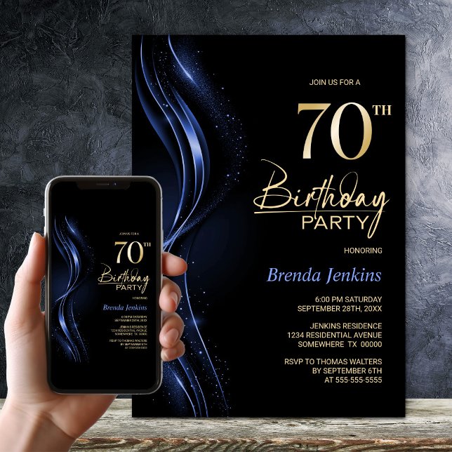 Stylish Black and Blue 70th Birthday Party Invitation (Creator Uploaded)