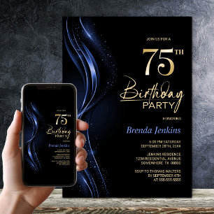 Stylish Black and Blue 75th Birthday Party Invitation