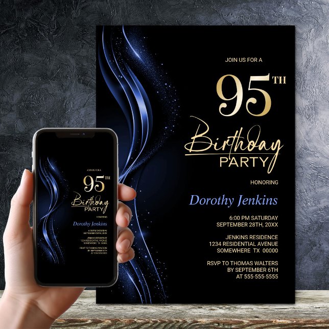 Stylish Black and Blue 95th Birthday Party Invitation (Creator Uploaded)