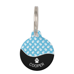 Stylish Black And Blue Dog Paws Pattern & Name Pet Tag