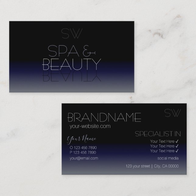 Stylish Black and Blue Mirror Font with Monogram Business Card (Front/Back)