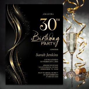 Stylish Black and Gold 30th Birthday Party Invitation