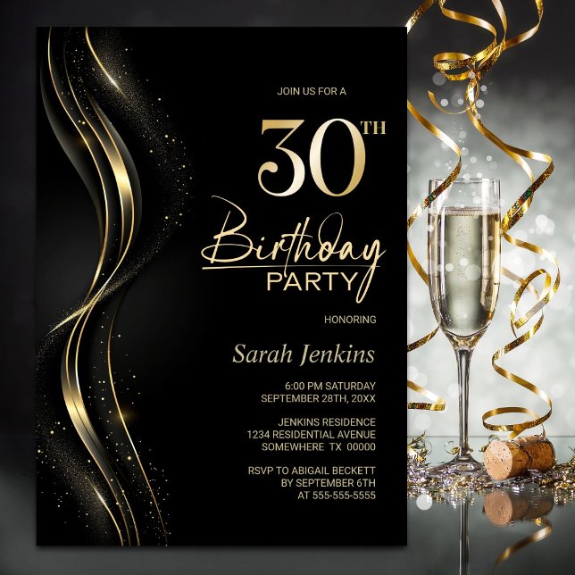Stylish Black and Gold 30th Birthday Party Invitation (Creator Uploaded)