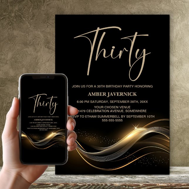 Stylish Black and Gold 30th Birthday Party Invitation (Creator Uploaded)