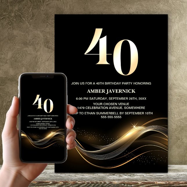 Stylish Black and Gold 40th Birthday Party Invitation (Creator Uploaded)