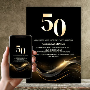 Stylish Black and Gold 50th Birthday Party Invitation