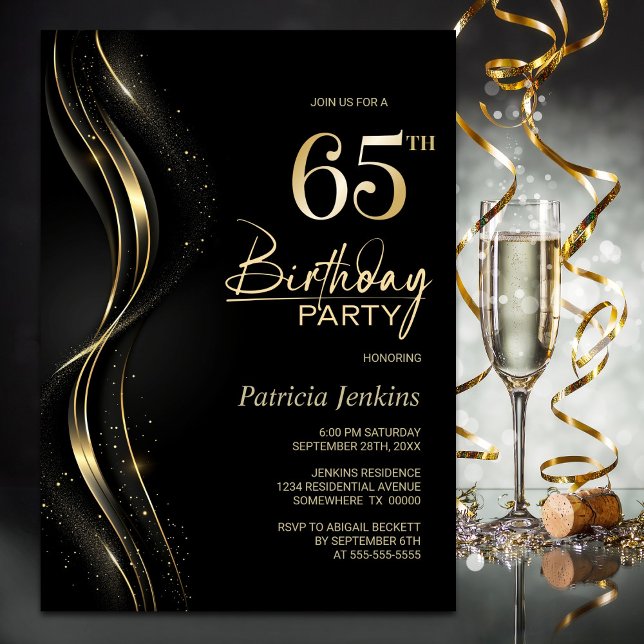 Stylish Black and Gold 65th Birthday Party Invitation (Creator Uploaded)
