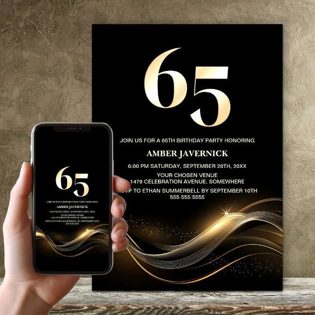 Stylish Black and Gold 65th Birthday Party Invitation (Creator Uploaded)
