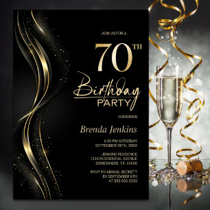 Stylish Black and Gold 70th Birthday Party Invitation