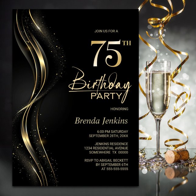 Stylish Black and Gold 75th Birthday Party Invitation (Creator Uploaded)