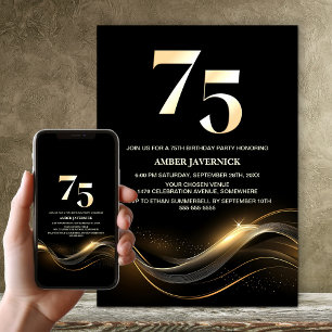 Stylish Black and Gold 75th Birthday Party Invitation