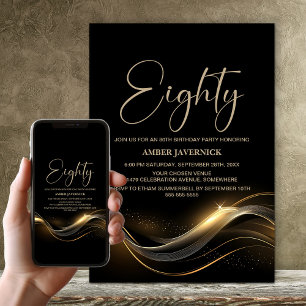 Stylish Black and Gold 80th Birthday Party Invitation